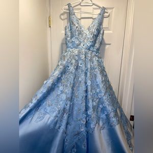 Camille la Vie BRAND NEW Ballgown - Sky Blue - Floral - Textured Lace -Gemstones